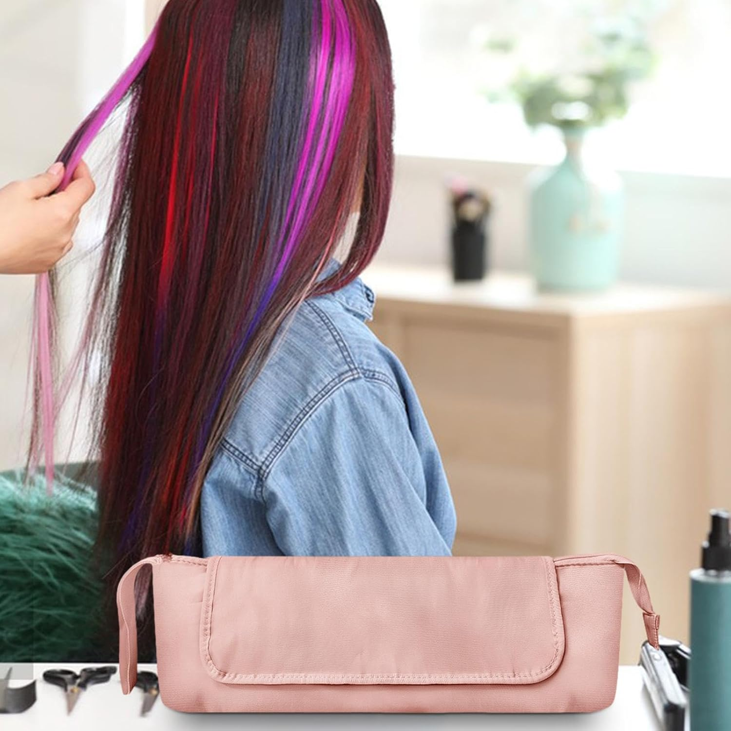 Hair Straightener Bag - Divided Zippered Waterproof Curling Iron Case - Dustproof Tool Holder for Hair Dryer, Portable Flat Iron with Strap - Black image number 3