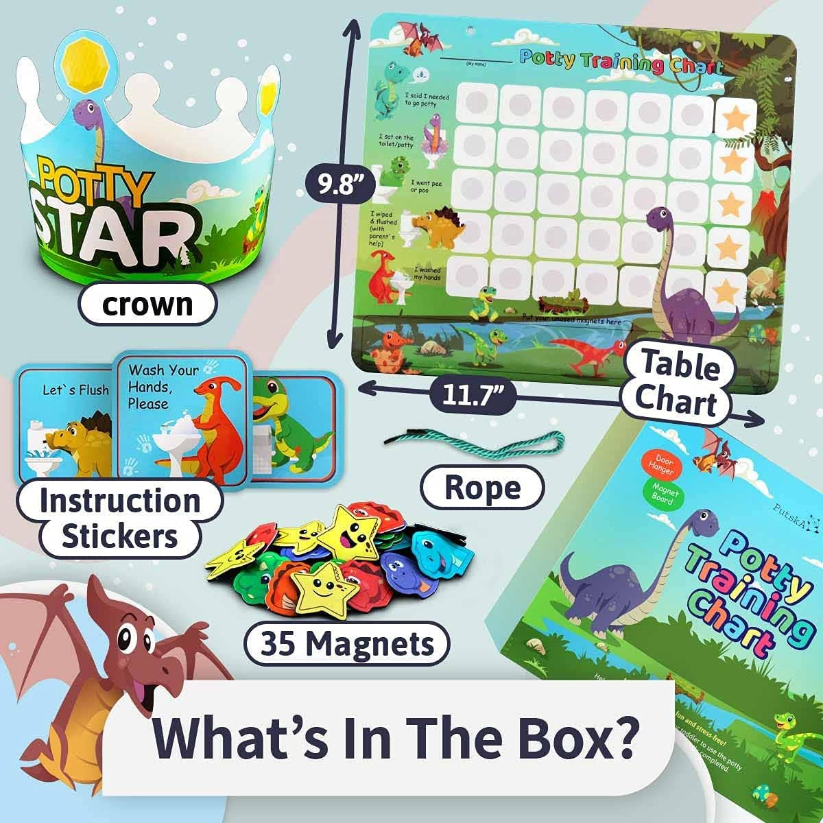 Potty Training Chart with 35 Stickers, 3 Reminder Stickers and Crown for Toddlers Boys and Girls - Potty Training Rewards for Kids - Dino image number 6