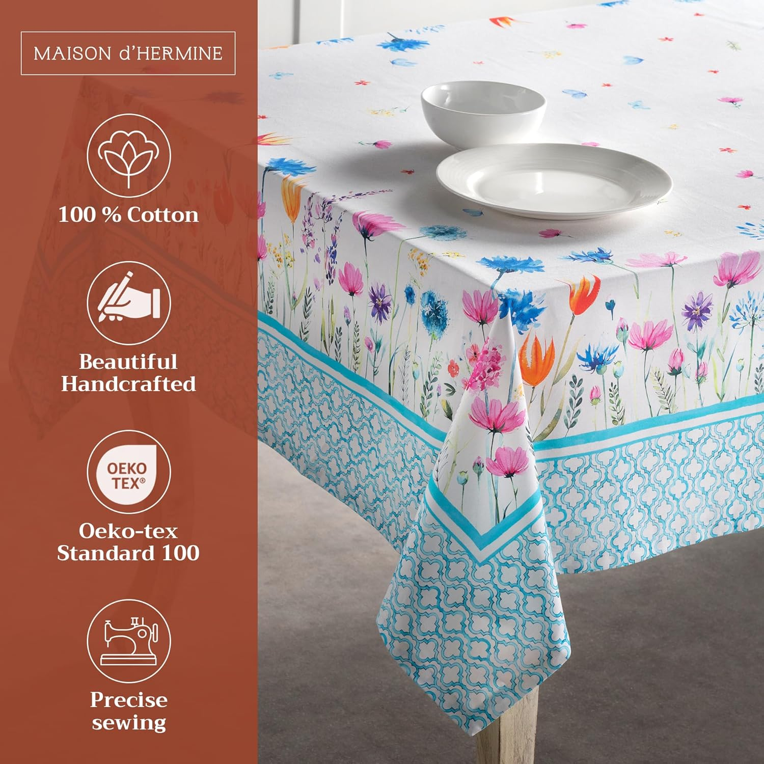 Maison D'Hermine Table Cloth Rectangle Table 100% Cotton 60 X 120 Inches Tablecloth Reusable for Dining Room, Farmhouse, Home, Party, Festive & Wedding Spring Summer - Flower in the Field image number 1