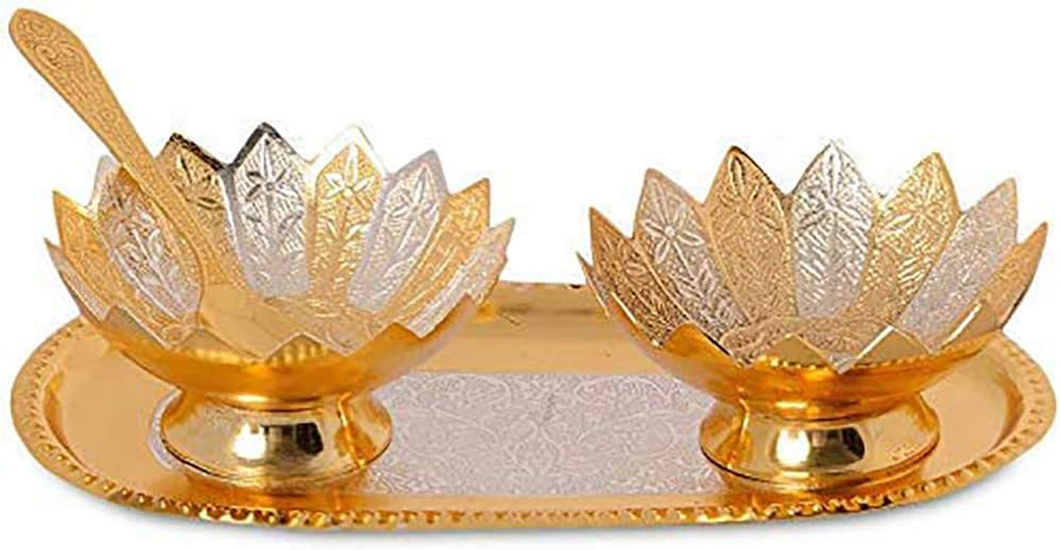 Garden of Arts Fancy Metal Gold and Silver Plated Floral Flower Shape 5 Pieces Set 2 Bowls 2 Spoons 1 Tray in Red Velvet Box Ideal for Dryfruits Party Prop Also Known as Pandan