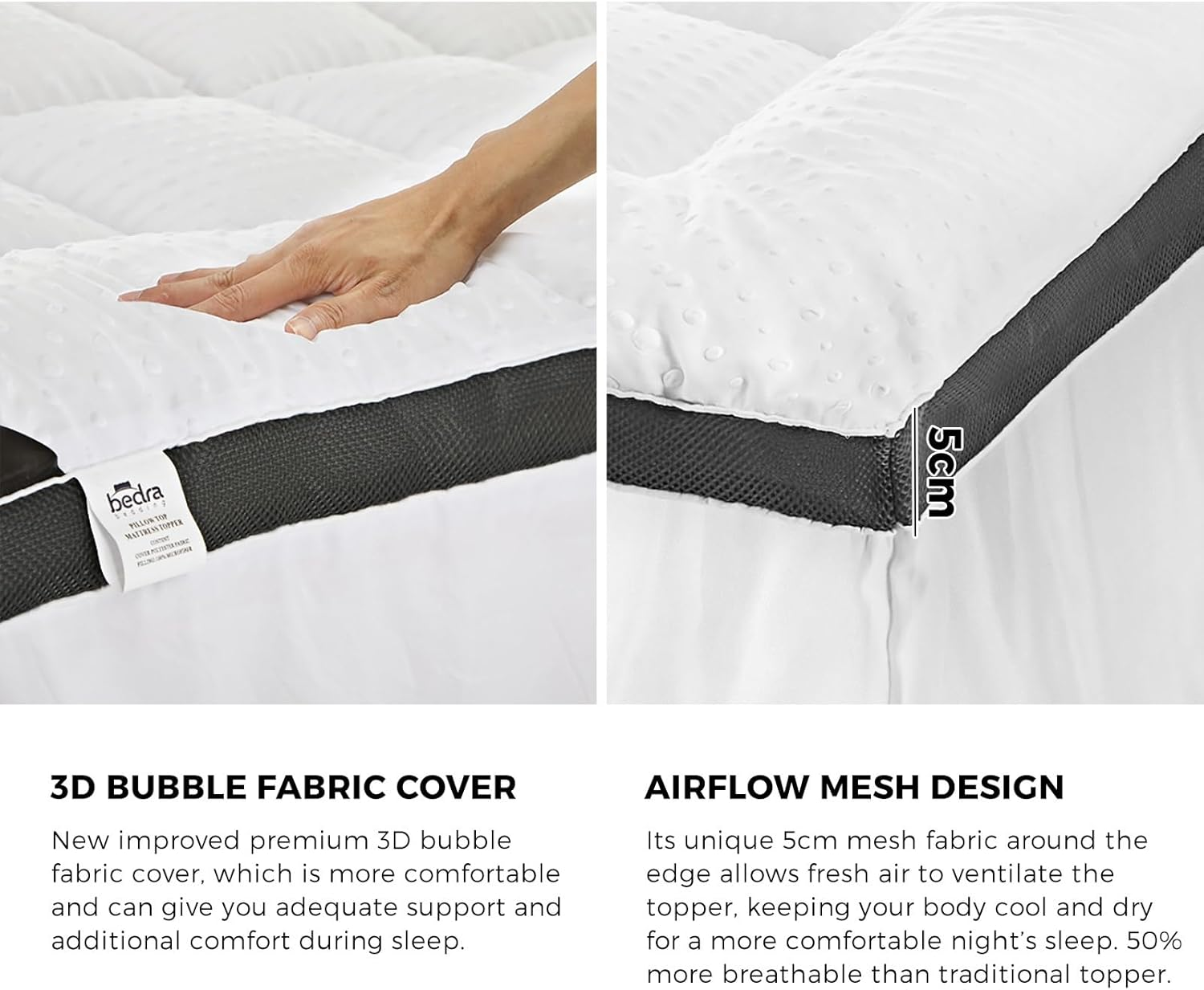 Bedra Bedding 1000Gsm Mattress Topper Double Size Washable Pillowtop Mattress Topper 5Cm Thickness Mattress Cover Airflow Mesh Bed Protector Mat image number 6