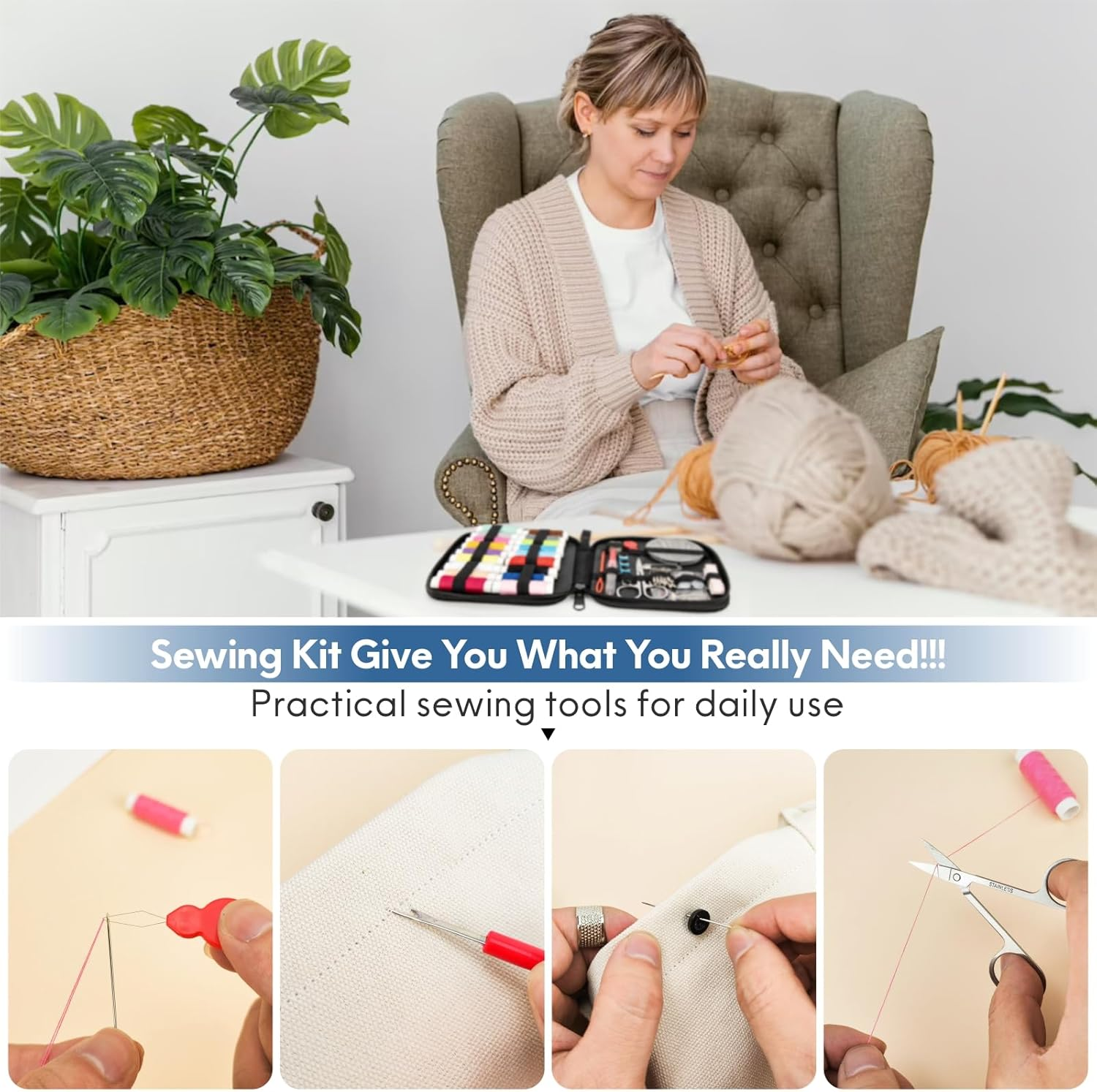 OKOMER Sewing Kit, Sewing Supplies, Sewing Kit for Adults, Needle and Thread Kit, Small Mini Sewing Kit, Travel, Basic,Beginner Sew Kit, Contains Sewing Needles, Needle Threaders, Sewing Thread Etc(M) image number 5