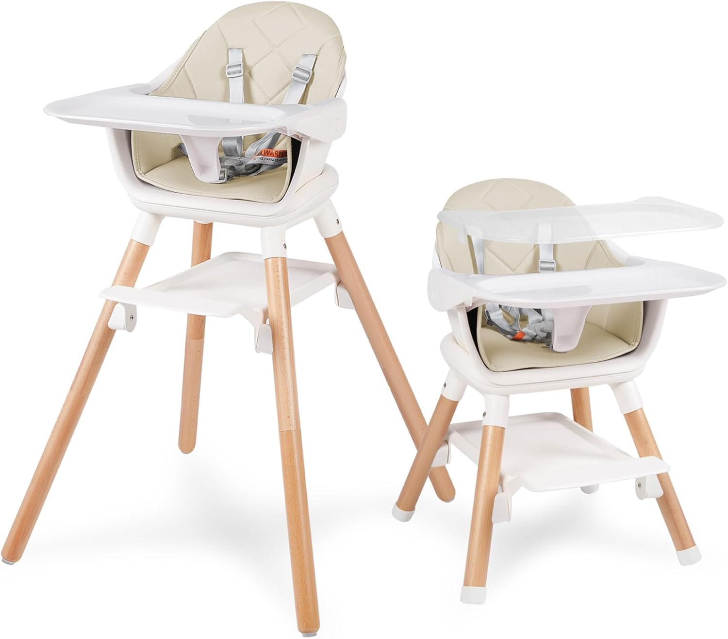 6 in 1 Baby High Chair, Convertible Wooden High Chairs/Booster Seat for Babies and Toddlers, Baby Feeding Chair with 5-Point Harness/Double Removable Tray & Adjustable Footrest (Beige)