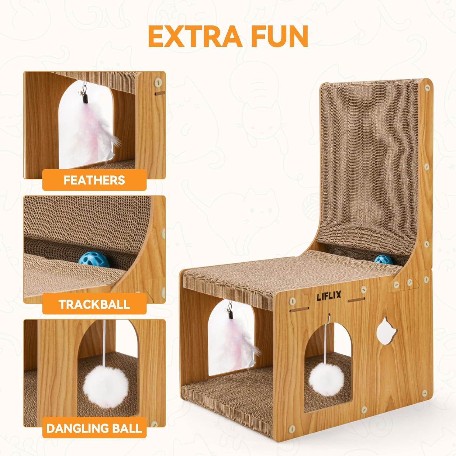 LIFLIX Double-Layer Cat Scratcher, L-Shaped Cardboard Cat Scratching Post with Toys, Cat Scratcher & Hideaway for Indoor Cats to Scratch, Rest, Stretch and Play