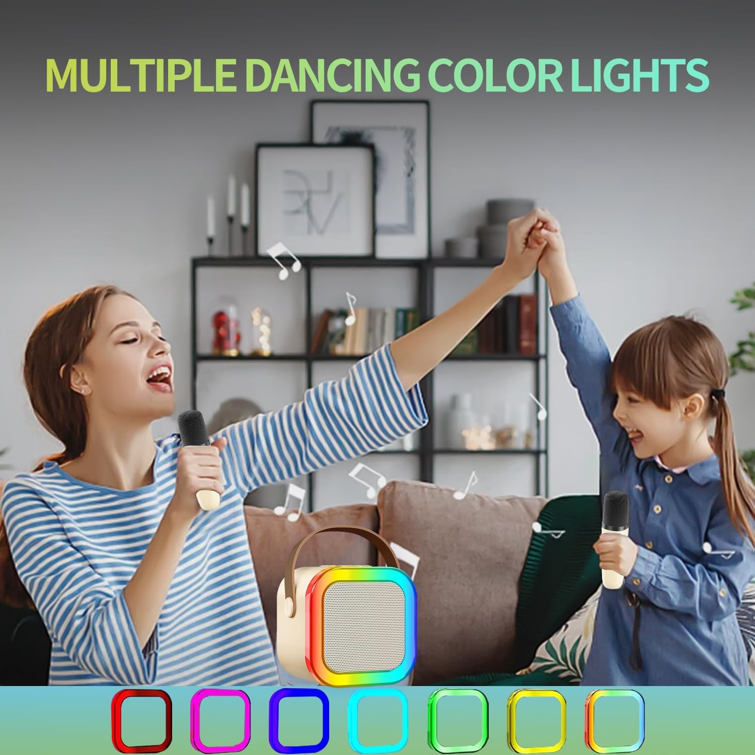 Mini Karaoke Machine for Kids Adults, Portable Bluetooth Karaoke with 2 Wireless Microphones, Home Party Karaoke Speaker Support SD Card/Usb, Birthday Gifts for Girls Boys Friends Age 3-12+ (Beige) image number 6