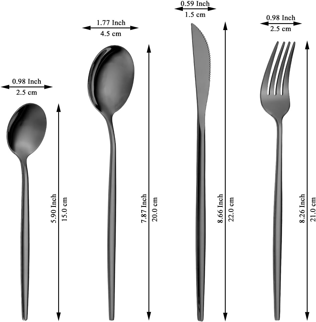 Black Cutlery Set 48 Pieces Service for 12, Berglander Titanium Black Plated Stainless Steel Flatware Set, Modern Design Knives Forks Spoons Silverware Set