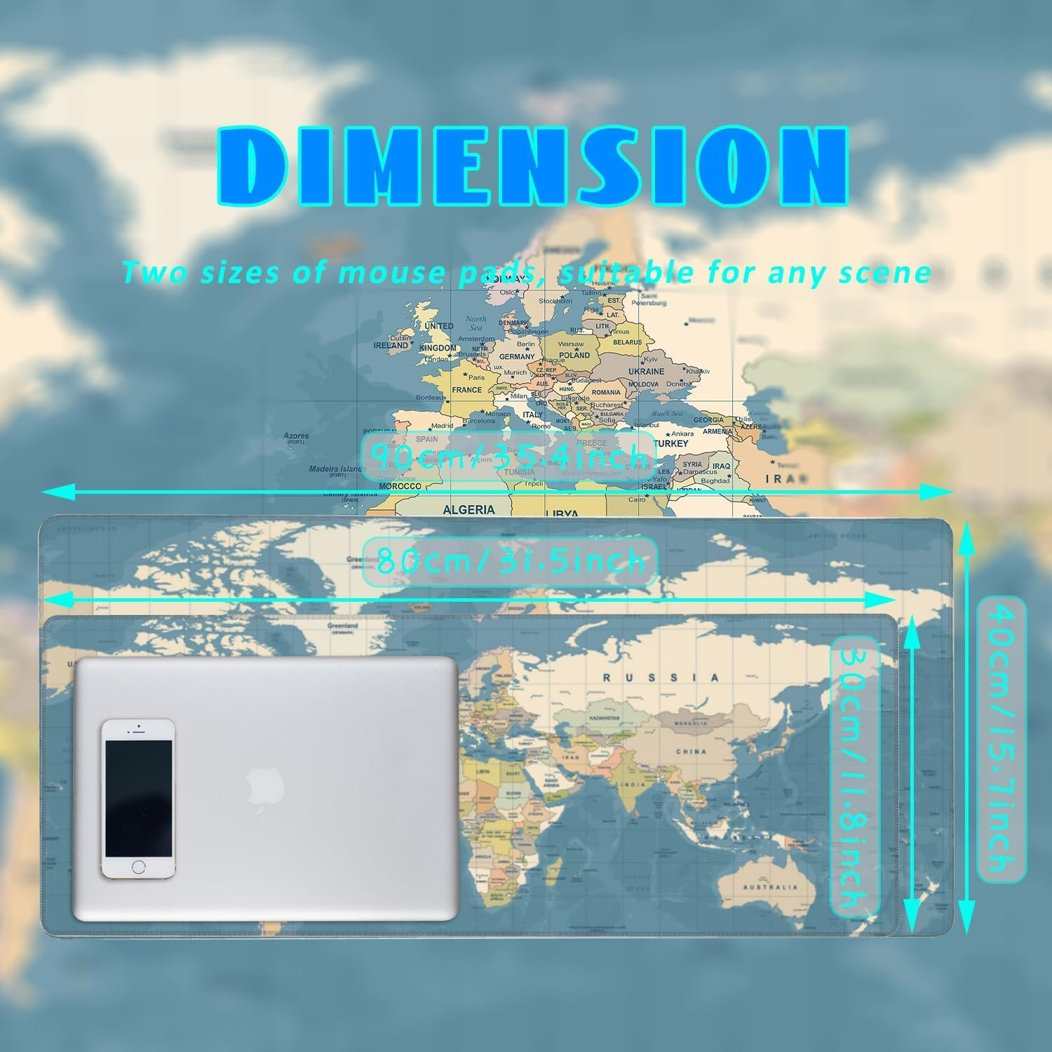 Desk Mat, Blue Vintage World Map Extended Gaming Mouse Pad Large, Big Mouse Pad with Non-Slip Base and Stitched Edge, Long Computer Keyboard Mouse Mat for Home Office Work (31.5"X11.8") image number 2