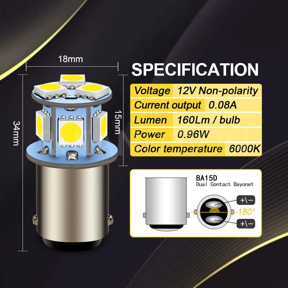 Ruiandsion BA15D 1130 1142 1176 LED Marker Light Bulbs 12V Non-Polarity 6000K White 5050 8SMD Chip LED Bulb for Reverse Light Turn Signal Tail Light Pack of 2