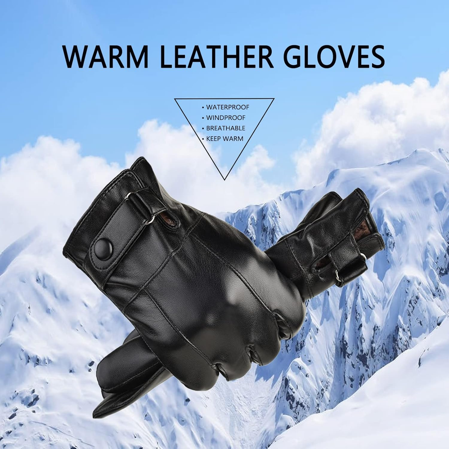 LJCZKA Black PU Leather Winter Gloves for Men, Touch Screen Winter Thermal Gloves Fleece Windproof Texting Driving Cycling image number 3