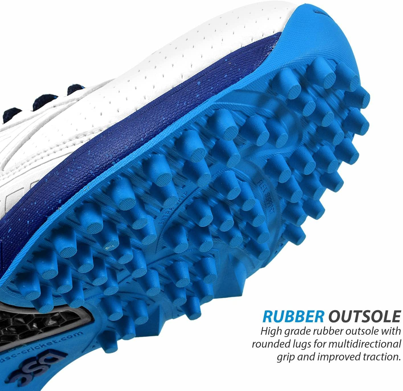 DSC Jaffa 22 Professional Cricket Shoes | White and Navy | Size: EU 44, UK 10, US 11 | Material: PVC | for Boys and Men | Toe and Heel Protection | Supersoft and Flexibility | Rubber Outsole image number 4