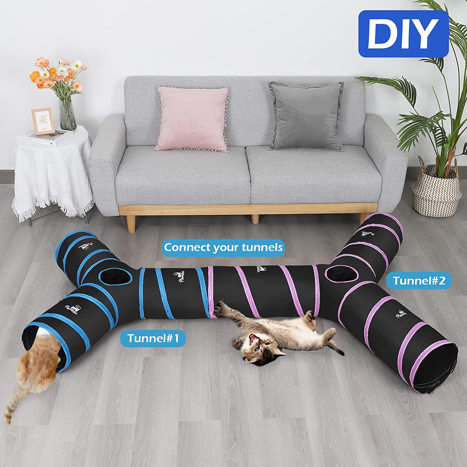 Pawaboo Cat Tunnel, Premium 3 Way Tunnels Extensible Collapsible Cat Play Tunnel Toy Maze Cat House with Pompon and Bells for Cat Puppy Kitten Rabbit, Black & Light Blue image number 2