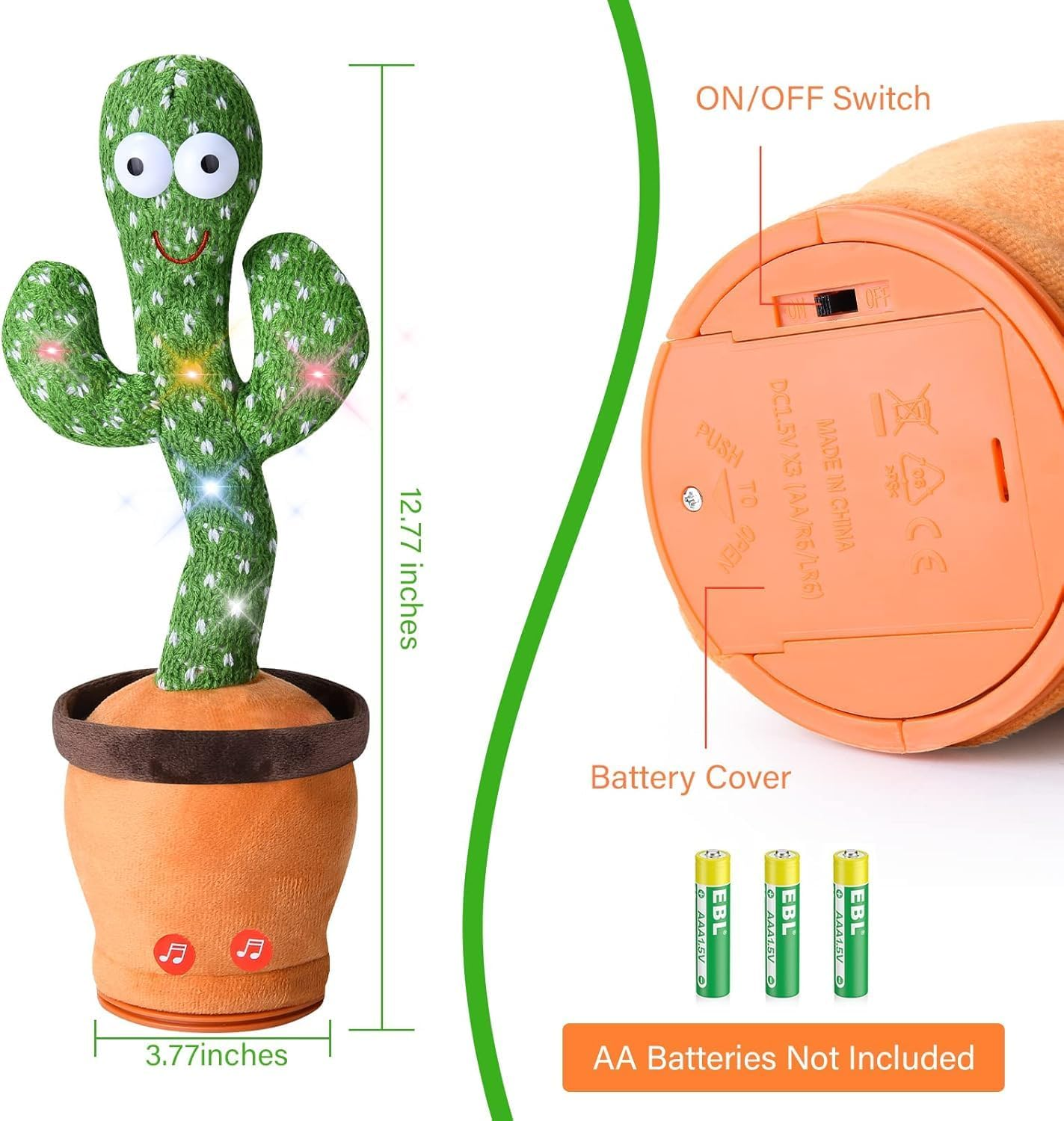Dancing Talking Cactus Toy for Baby Toddler, Boys Girls Gifts Singing Mimicking Cactus Recording Repeating What You Say Cactus Baby with 120 English Songs Cactus That Talks Back image number 2