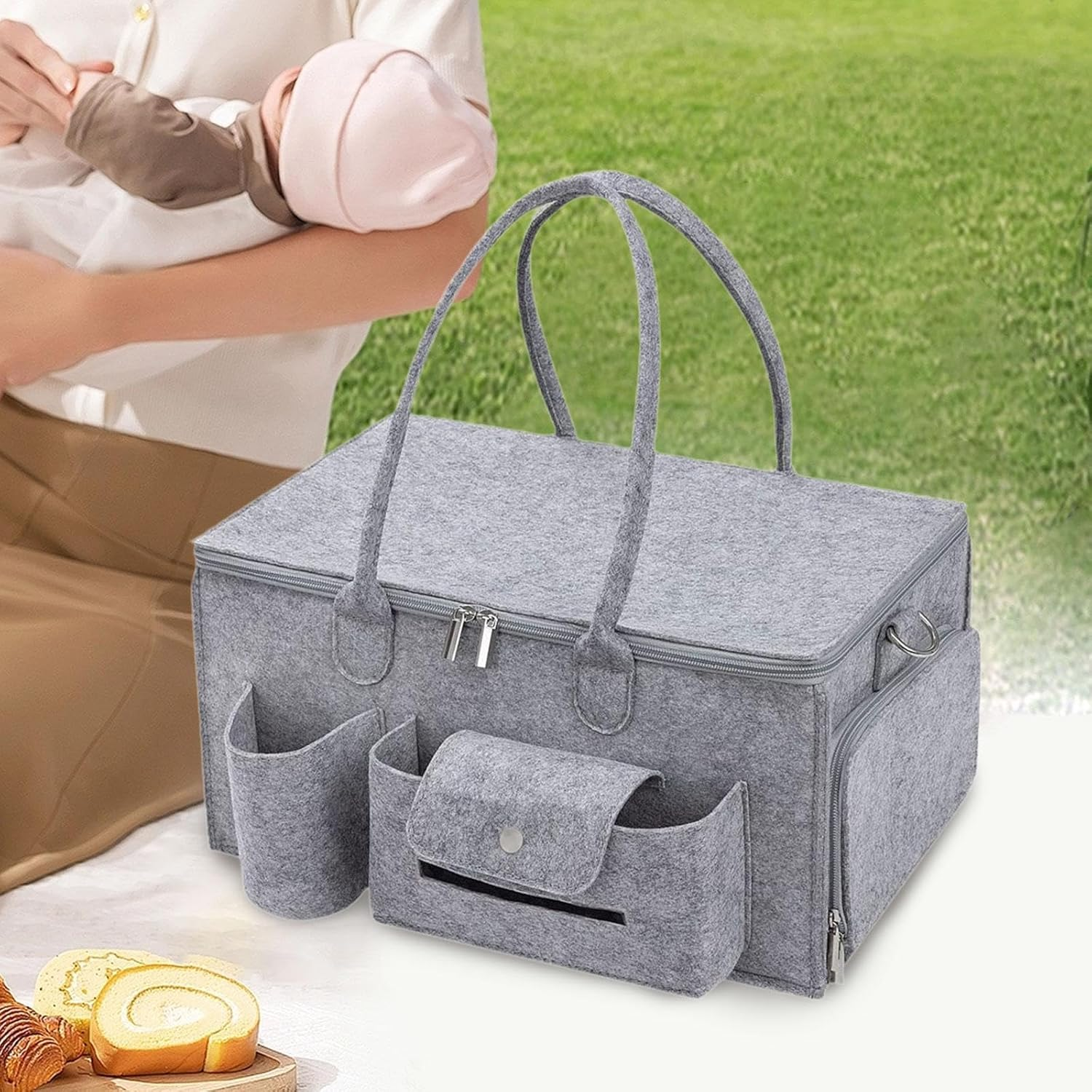 Baby Diaper Caddy Organizer with Lid &ndash; Large Portable Nursery Storage Basket for Diapers, Wipes & Baby Essentials &ndash; Travel Diaper Bag, Registry Must-Have (15.7" X 9.4" X 7.9") image number 1