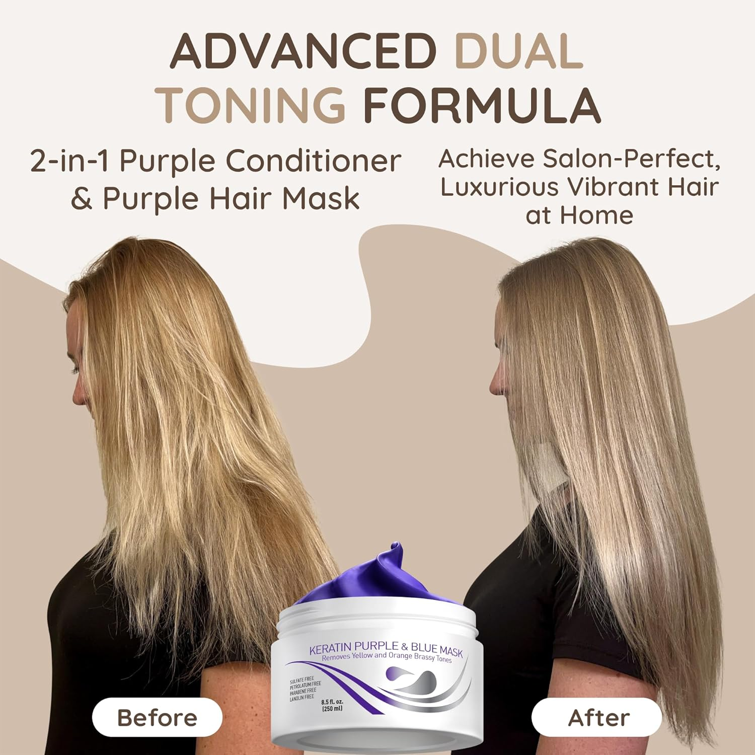 VITAMINS Hair Cosmetics Keratin Purple Hair Mask - Violet Blue Protein Deep Conditioner Treatment - Toner for Blonde Platinum Silver Gray Ash or Brown Colored Dry and Damaged Brassy Hair image number 2