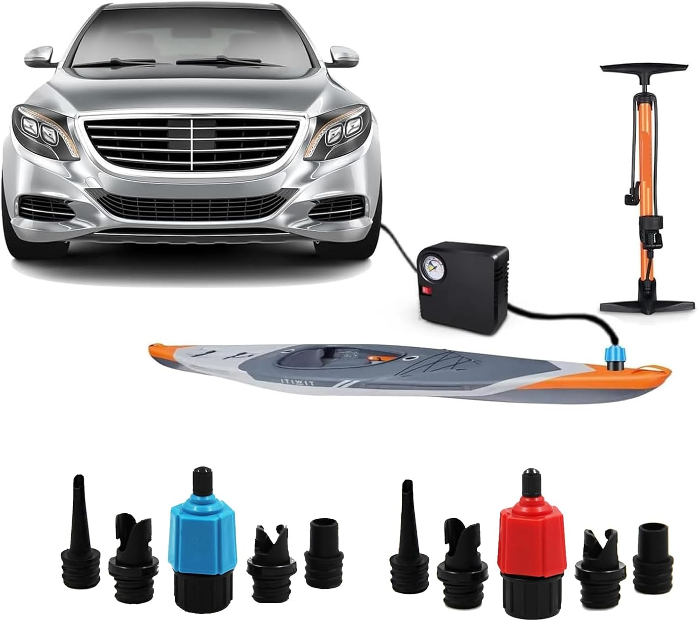 Lyfengdeam Inflatable SUP Pump Adaptor Compressor Paddle Board Pump Adapter, Multifunction SUP Valve Adapter with 4 Air Valve Nozzles for Inflatable Boat, Stand up Paddle Board, Inflatable Bed - Red image number 4