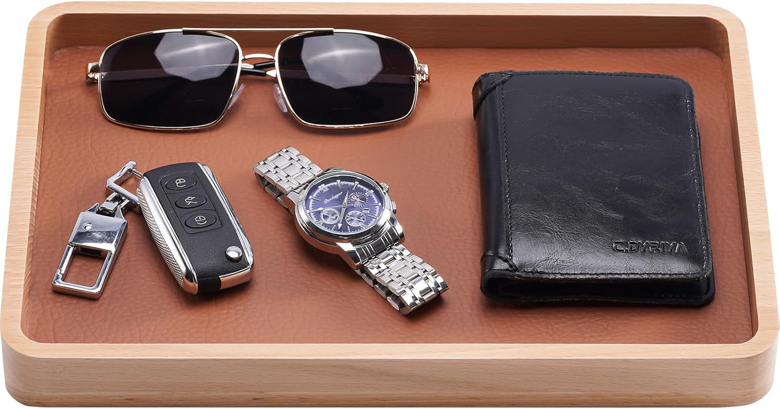 Procase Wooden Valet Tray for Men, Wood Catch-All EDC Organizer, Nightstand, Entryway Bedside Dump Holder, for Wallets, Keys, Watches, Phones, Loose Change, Trinkets -Lightbrown