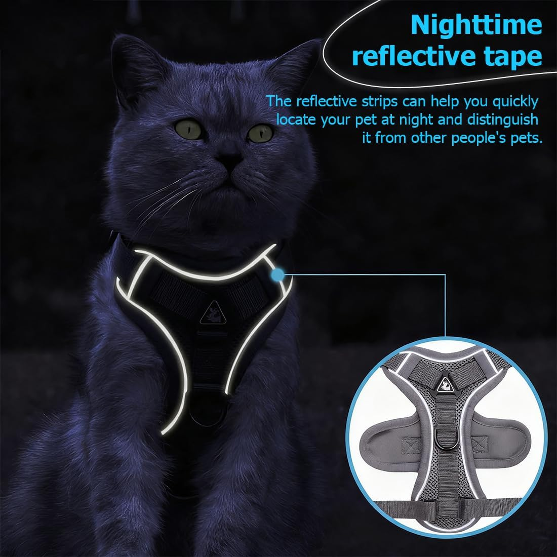 JYNVO Cat Harness with Lead, Escape Proof, Adjustable Cat Chest Harness with Reflective Stripes and Breathable Mesh Fabric for Nighttime, Safe, Comfortable for Cats, Kittens, Puppies (Grey-M) image number 3