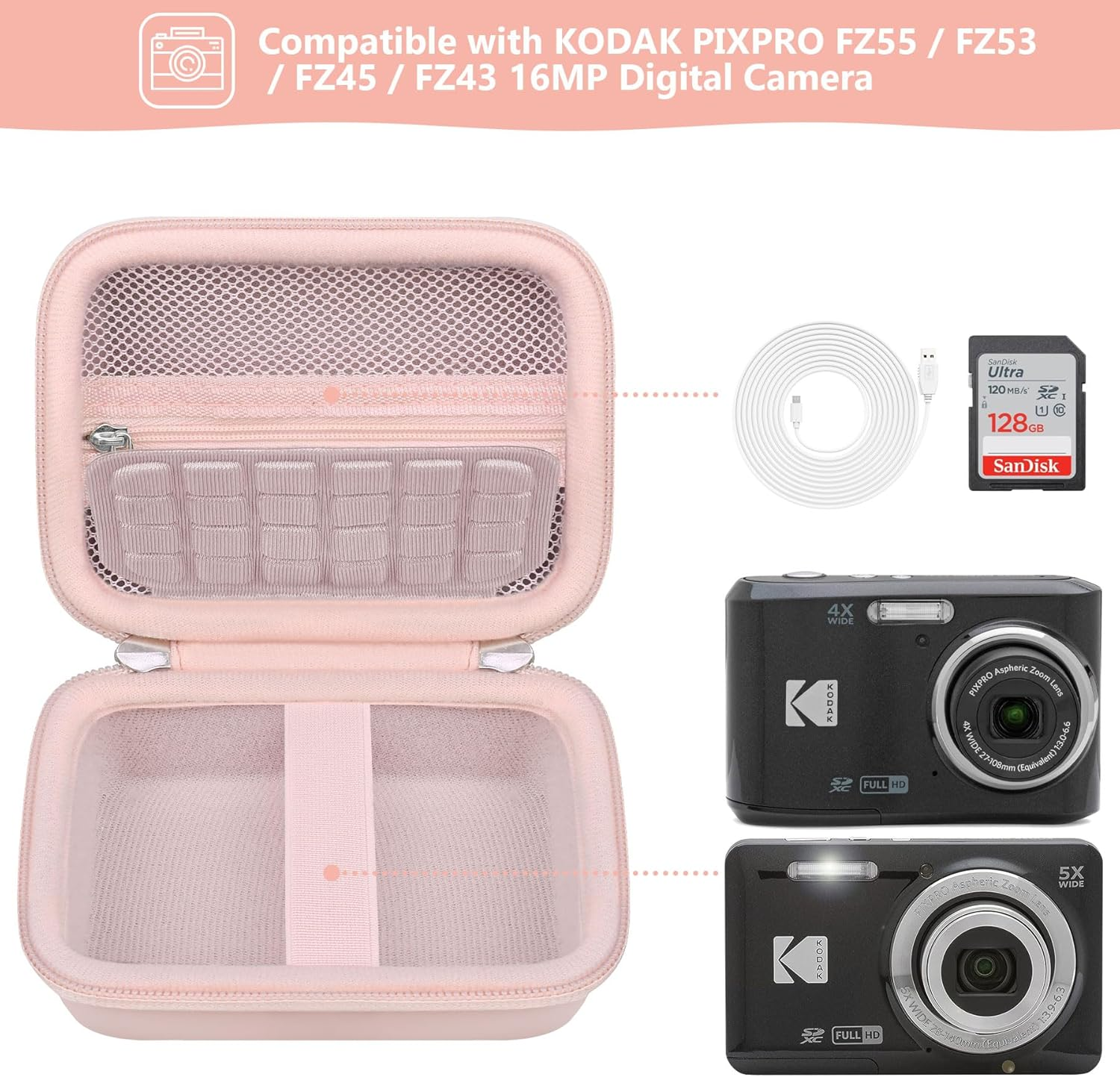 Supmay Digital Camera Case Compatible with Kodak PIXPRO FZ55 FZ45 Friendly Zoom Digital Camera, Vlogging Camera Storage Holder Travel Bag with Mesh Pocket for Battery, USB Cable, SD Card, Pink - Black image number 6