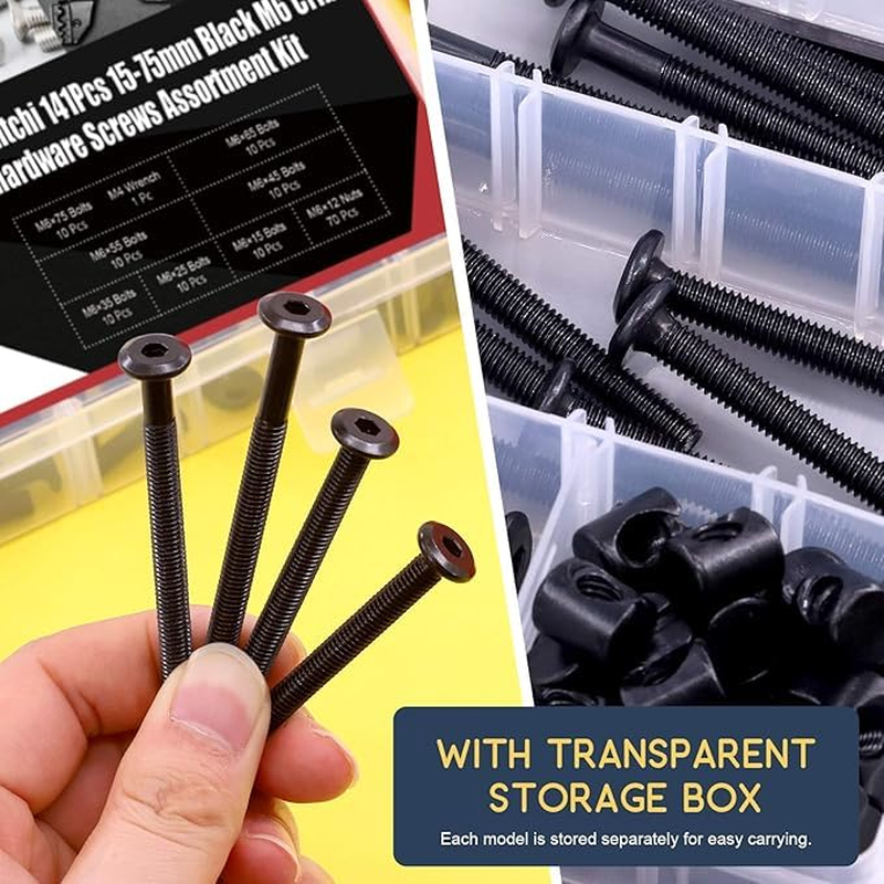 141Pcs Black Hardware Home Tools Set, Hex Bolts and Barrel Nuts with 1 X Hex Wrench, Great for Furniture, Screws M6 &times; 20/30/40/50/60/70/80Mm Hardware Screw Kit, image number 2