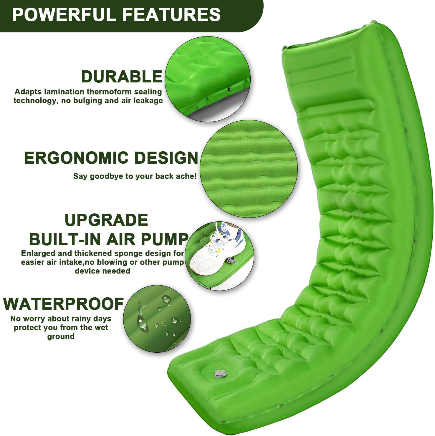 Extra Thick 5" Inflatable Camp Mat with Integrated Pillow & Foot Pump | Portable Airbed for Outdoor Adventures | Compact Travel Sleep System (Green) image number 4