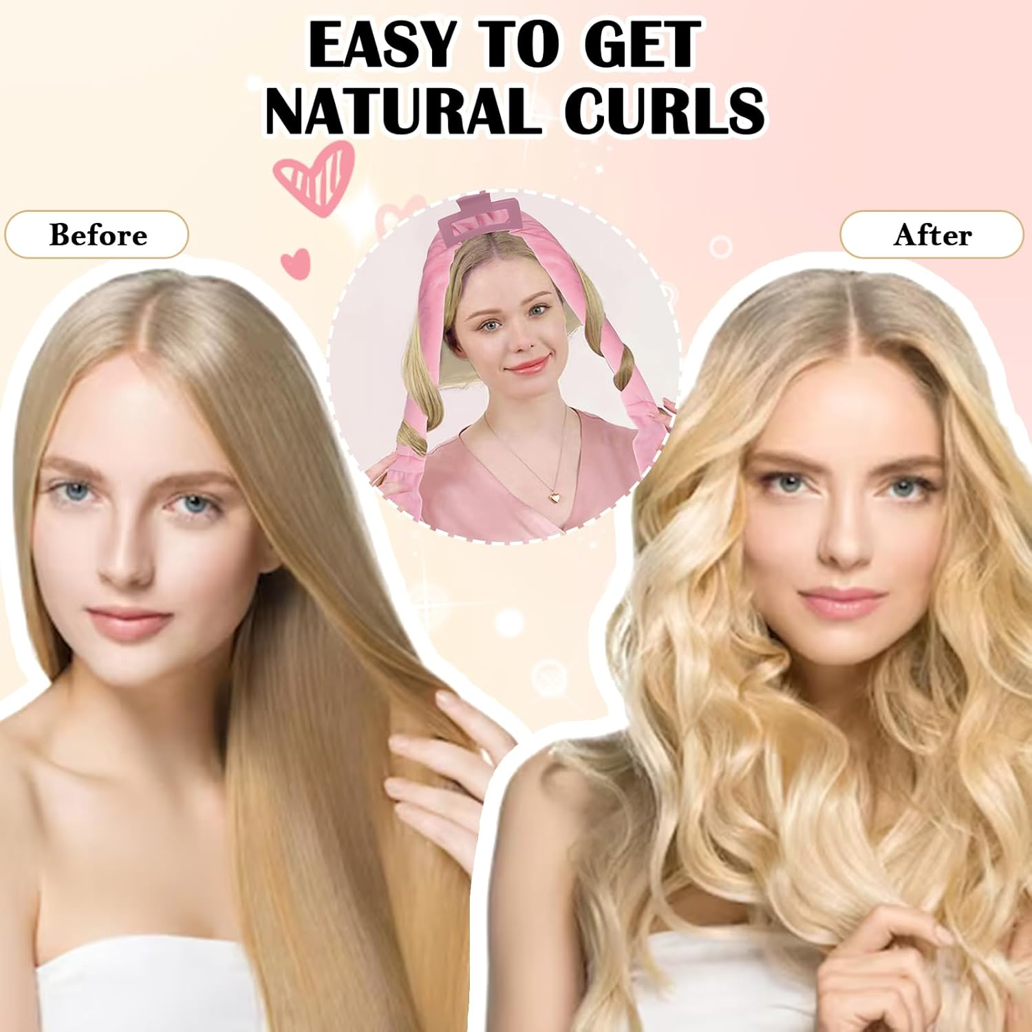 ZILAMPU No Heat Overnight Curling Headband for Long Waves, 70" Soft Curl Wrap for Women Girls, 6 PCS Curling Rod Gift Set - Pink image number 1