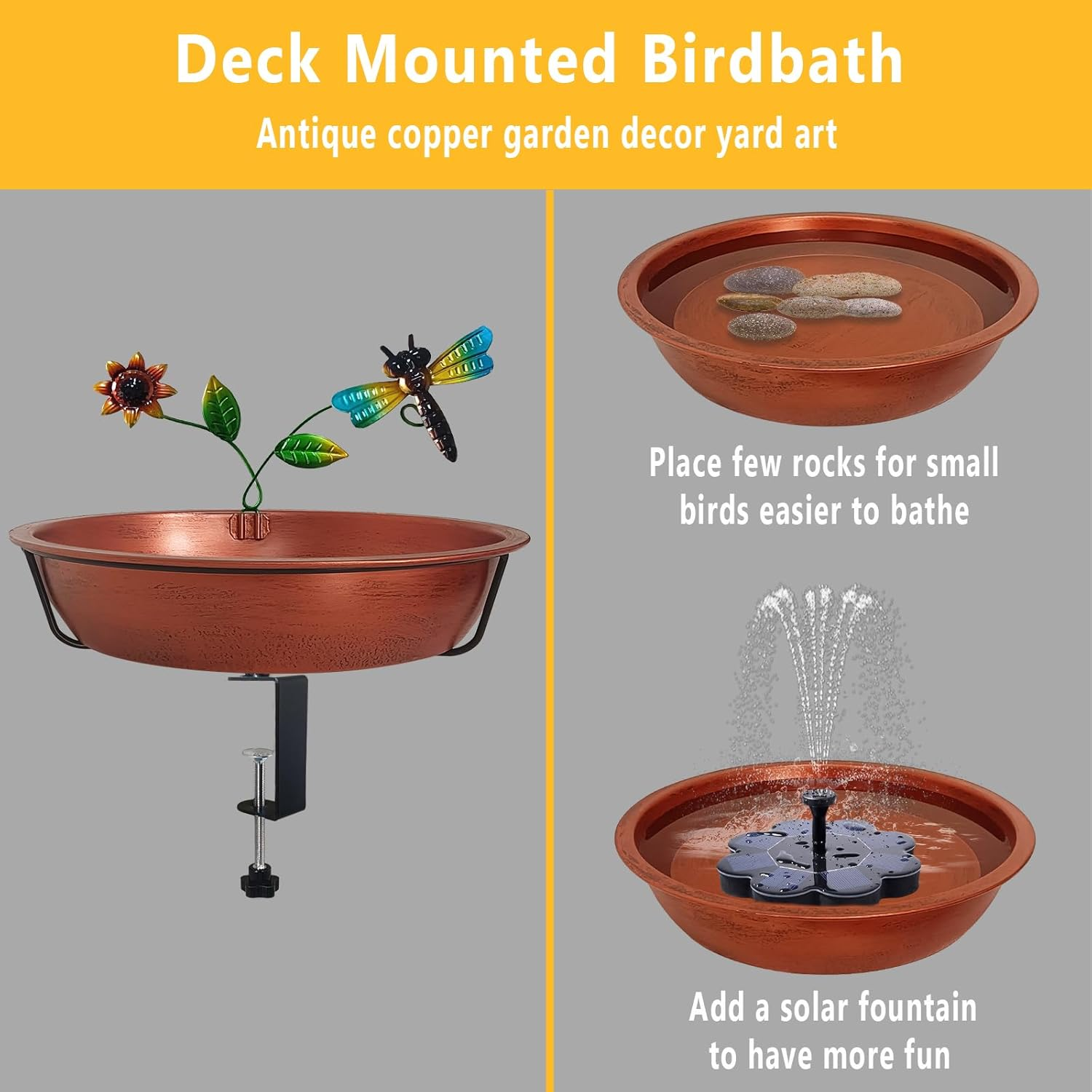 Deck Bird Bath for Outside, 13 Inch Large Antique Copper Metal Birdbath Bowl with Adjustable Big Steel Clamp, Backyard Bird Feeders/Baths for Railing Balcony Fence Yard Art Garden Decor image number 4