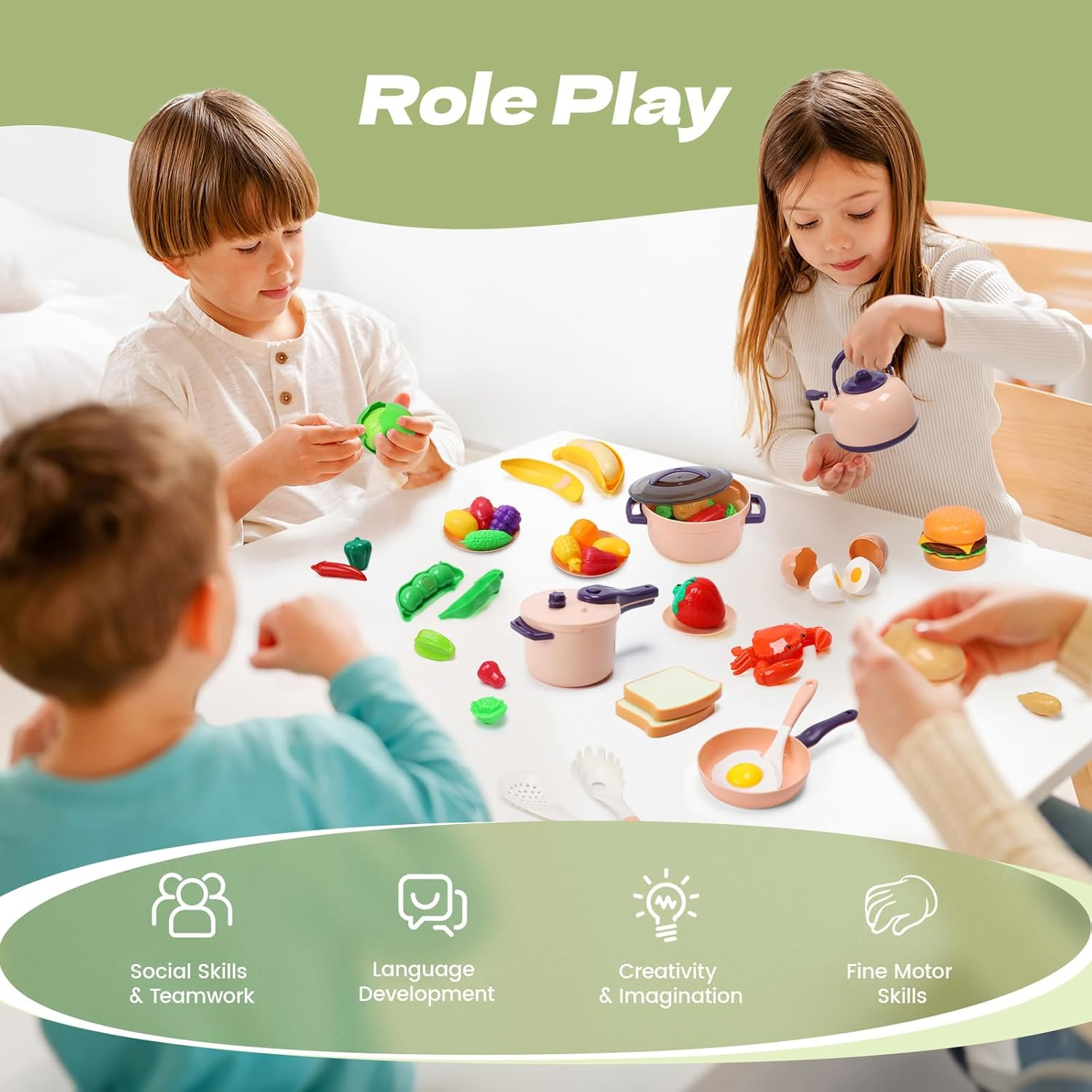 CUTE STONE 51-Piece Mini Play Kitchen Accessories for Kids, Pretend Cooking Playset with Pots, Pans, Utensils, Cutting Fun Fruits & Veggies, Learning Gift for Toddlers, Girls & Boys image number 1