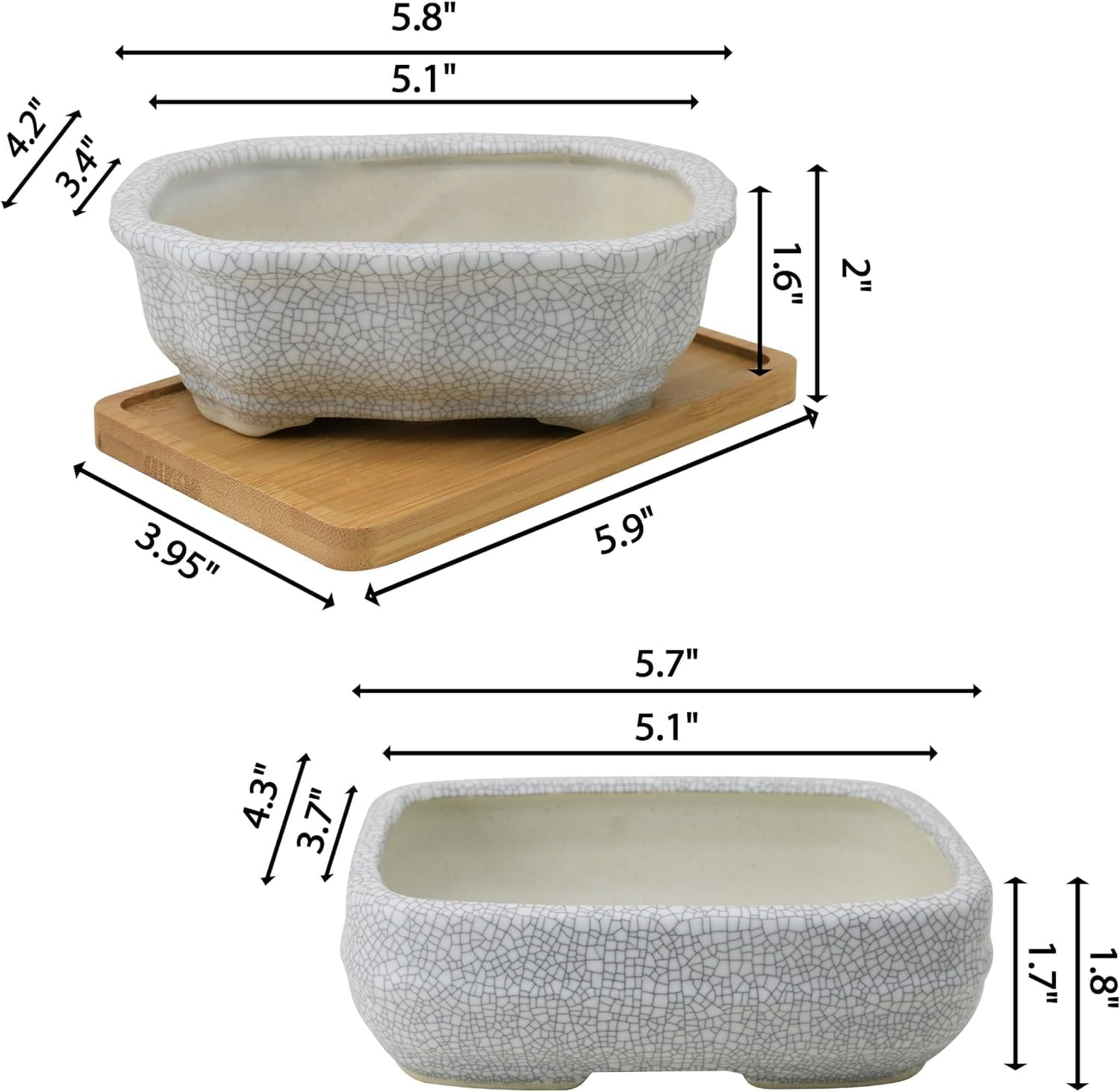 MUZHI 2 Pack Amazing Ice Crack Glazed Ceramic Bonsai Pot White Color 5.8 Inch with Bamboo Tray, Plant Pot Succulent Planter for Office Home Garden Decor Gift image number 4