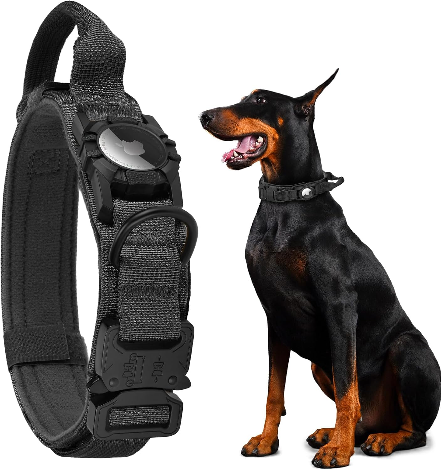 For Airtag Dog Collar - Tactical, Heavy Duty, Adjustable GPS Dog Collar Compatible with Airtag, with Holder & Control Handle for Large Dogs, Double Locking Metal Carabiner [Black,