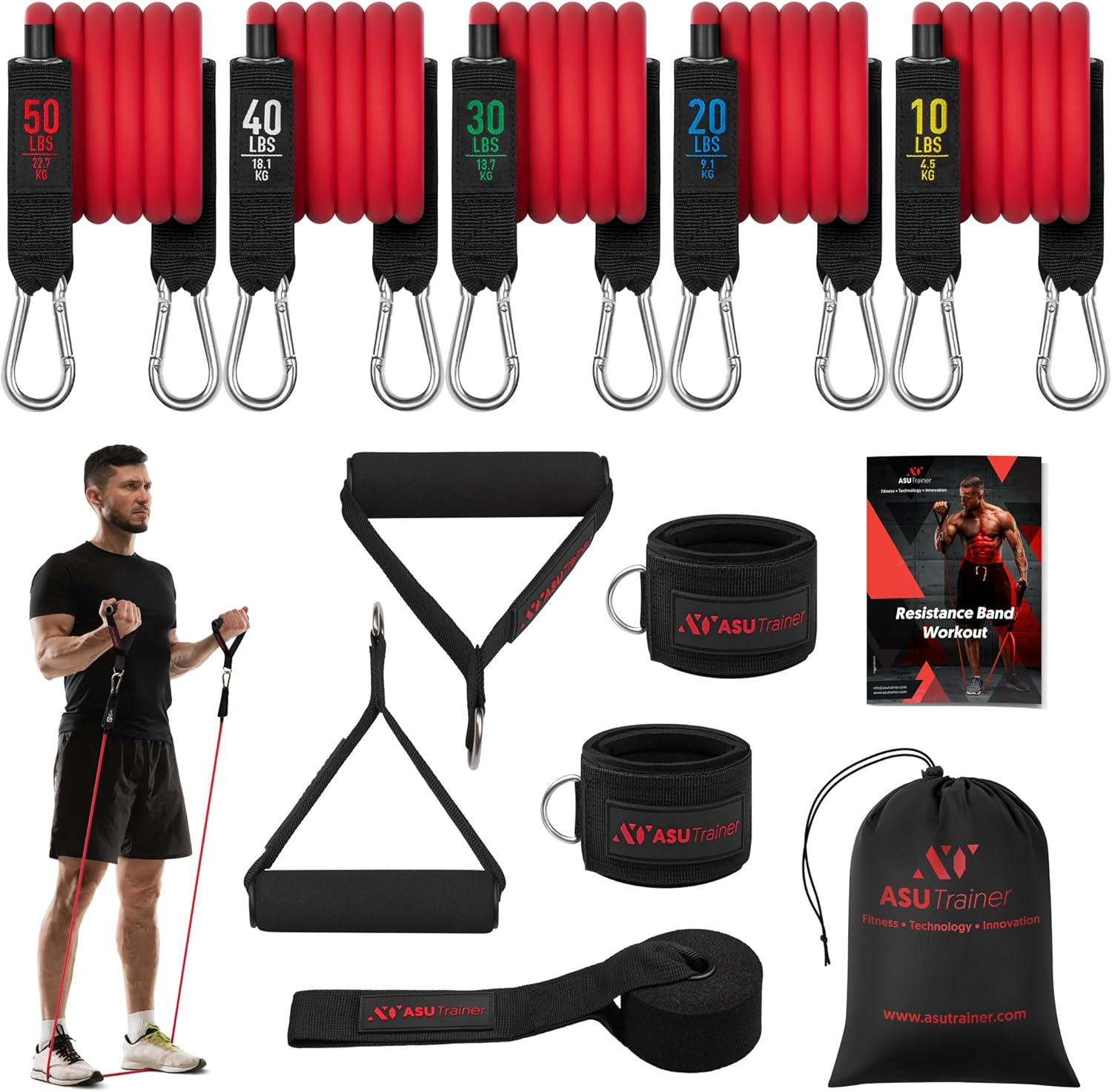 Tube Resistance Bands, 5 Exercise Bands, 10&ndash;50 Lb, Tough Exercise Equipment Made of Durubbex, Resistance Bands for Working Out W/Ankle Straps & Door Anchor, Fitness & Workout Equipment image number 6