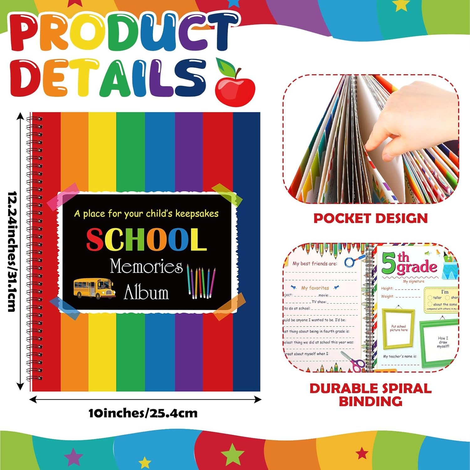 School Memory Book Photo Album for Kids, School Years Keepsake Book Album Scrapbook from Preschool through 12Th Grade with 14 Pocket for Storage Portfolio Every Grade Pictures (Rainbow) image number 6