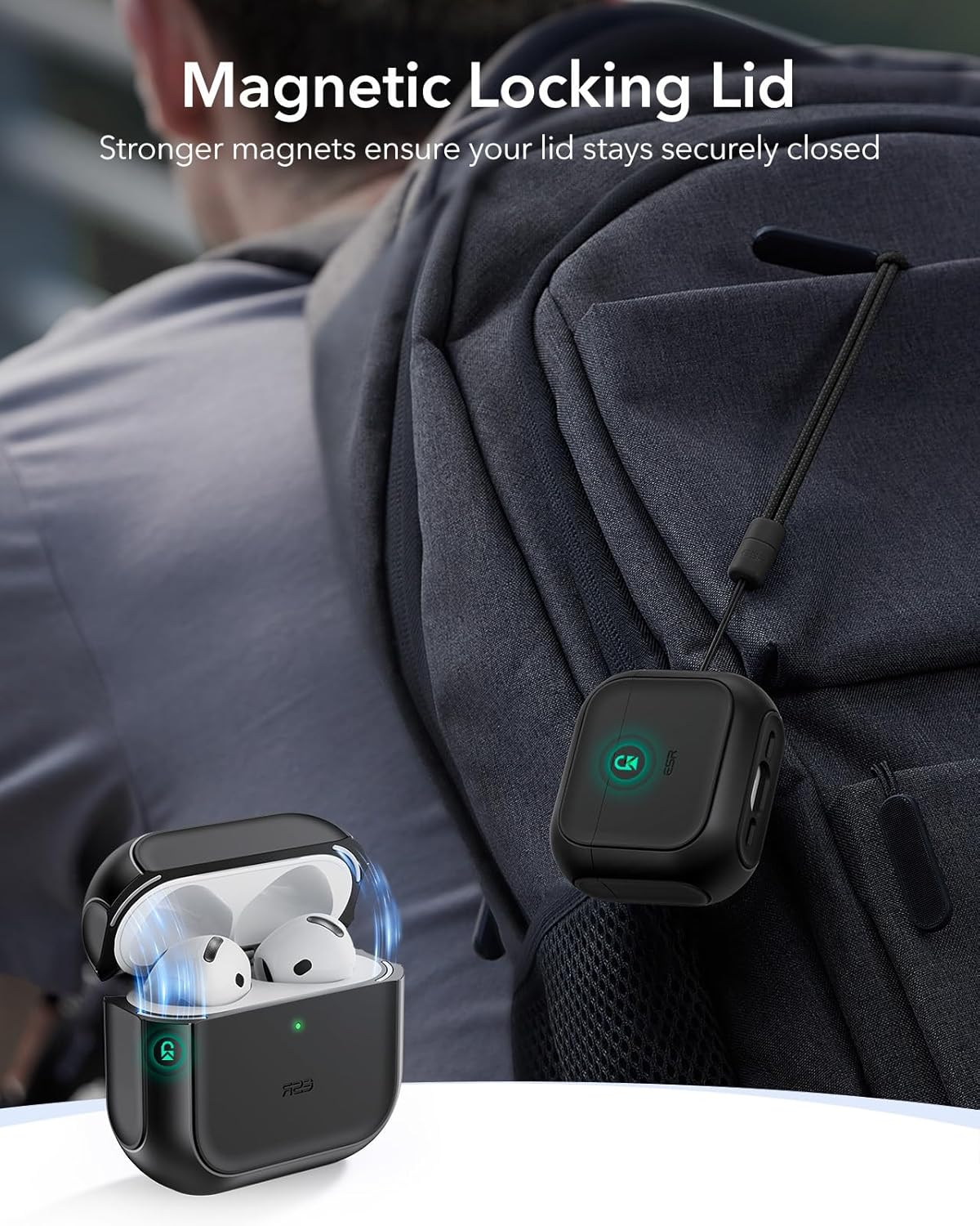 ESR for Airpods 4 Case, Compatible with Airpods 4Th Generation Case (2024) (USB-C), Compatible with Magsafe, Drop Protection Cover with Lanyard, Magnetic Lid Lock, Orbit Hybrid Case, Black image number 4