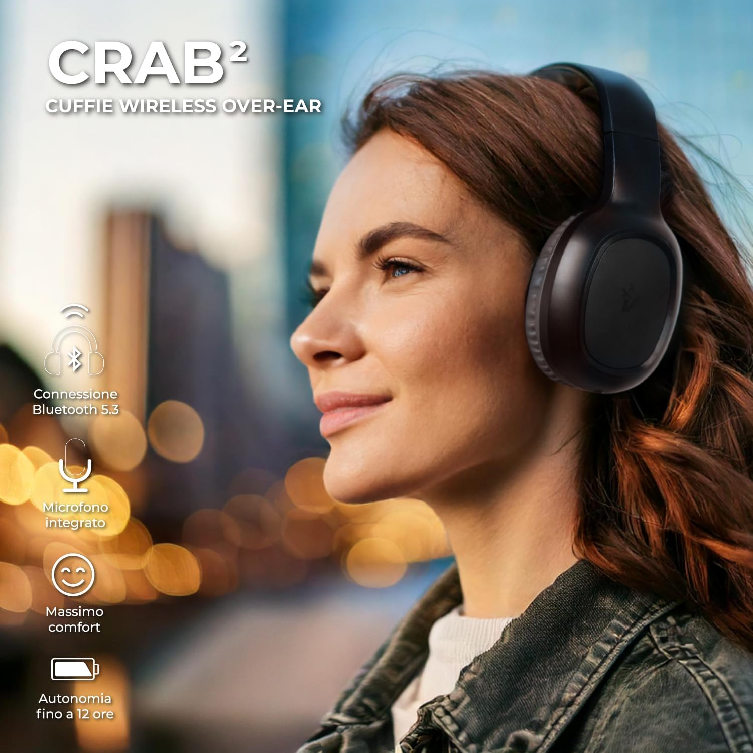 Vultech Crab2 HBT-11BK Rev. 2.1 over Ear Wireless Bluetooth 5.3 Aux Headphones with Microphone, Track Control, Call Management, Charging Type-C 12 Hours, Automatic Pairing Android/Ios