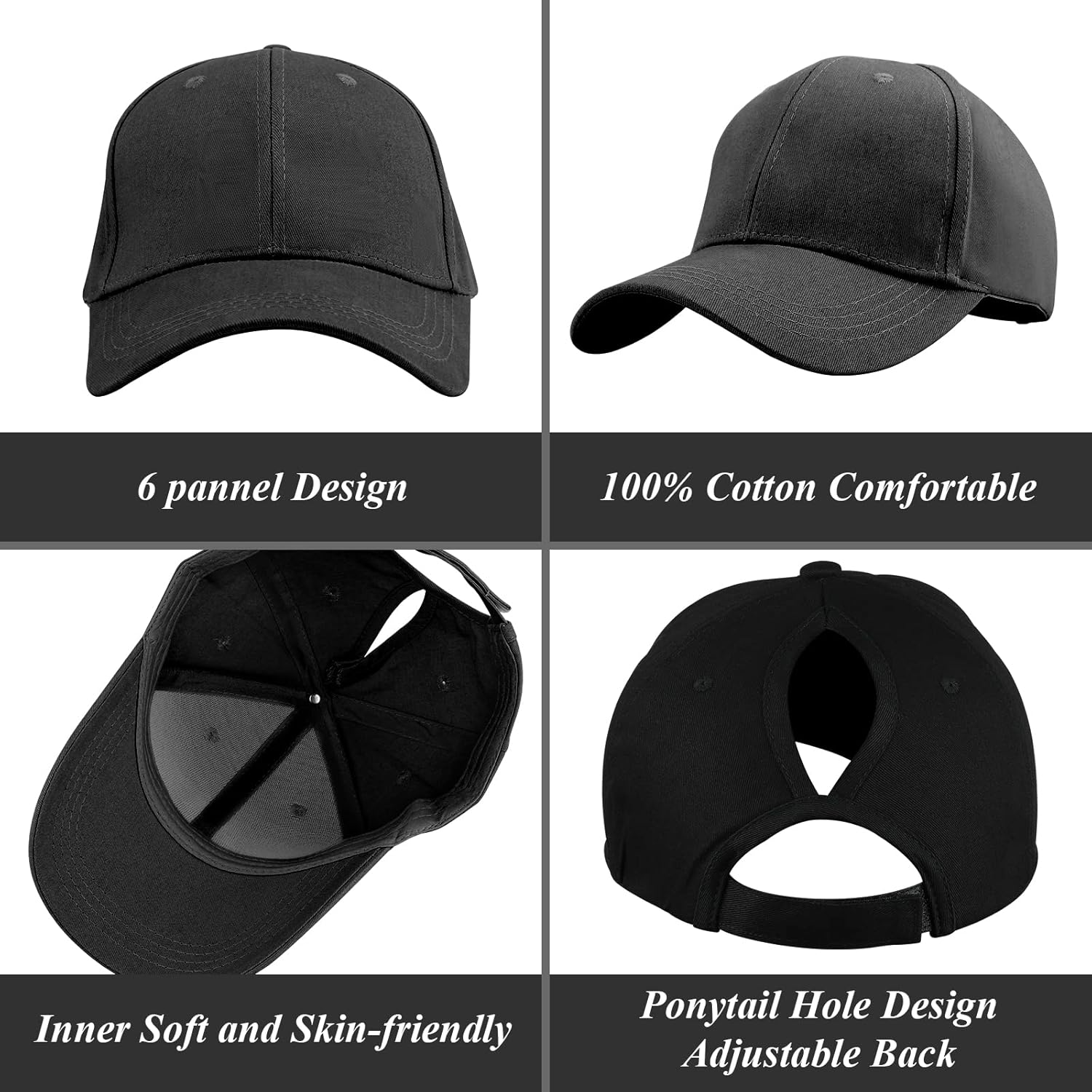 Womens Ponytail Hat Baseball Cap,Unisex Adjustable High Messy Bun Ponycap,Classic Solid Color Outdoor Hats with Pony Hole Loop image number 1