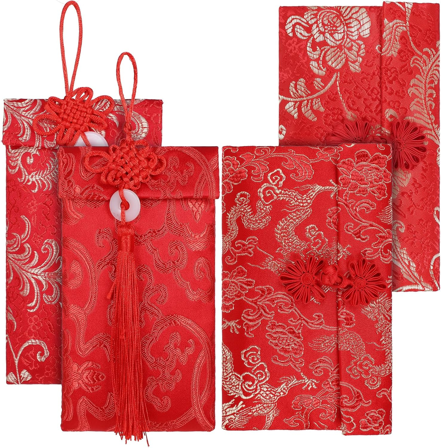 4 Pcs Silk Red Envelopes Chinese Dragon and Phoenix Embroidered Chinese Red Pocket Lucky Pockets Hongbao Invitation Card Cash Envelope for New Year Spring Festival Wedding Birthday Chinese Knot Button image number 3