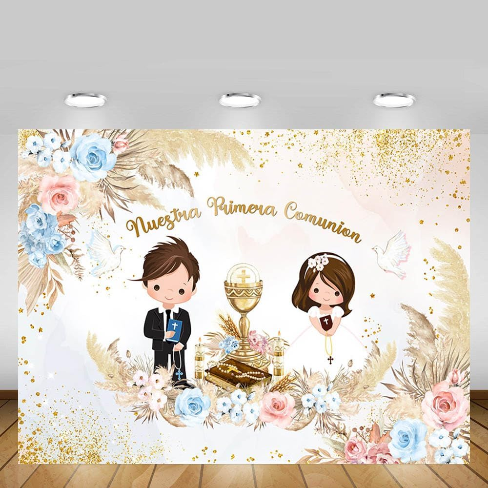 MEHOFOND 2.1 X 1.5 M Boy and Girl Twins Christening Background Our First Communion Bohemian Flowers Pencil Grass Photography Background Cross Christening Party Decoration Banner Props