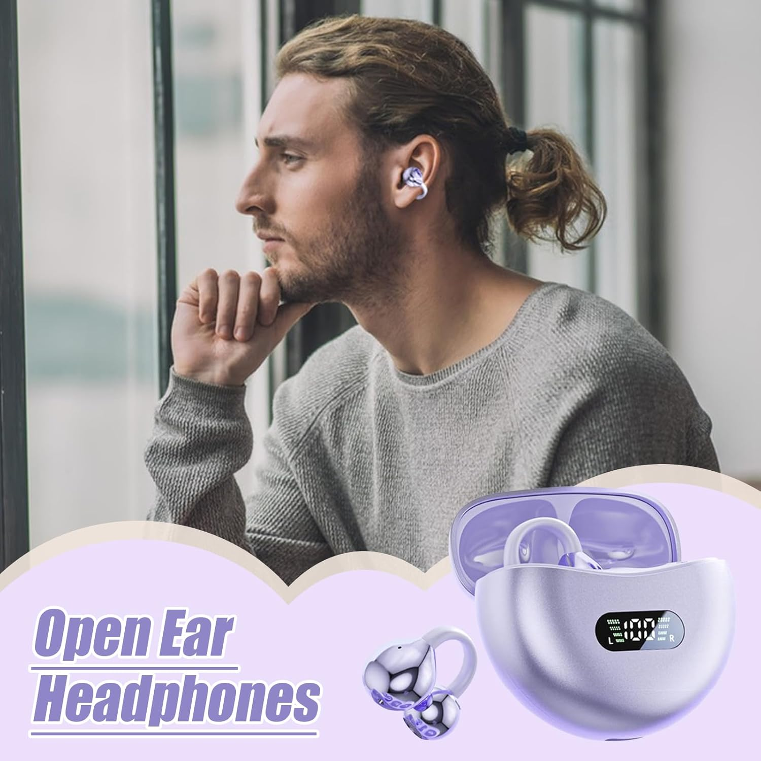 Bone Conduction Earbuds - Wireless Bone Conduction Headphones | Noise Cancelling Led Display Comfortable Waterproof Headset for Workout Running outside Sleep Working image number 4