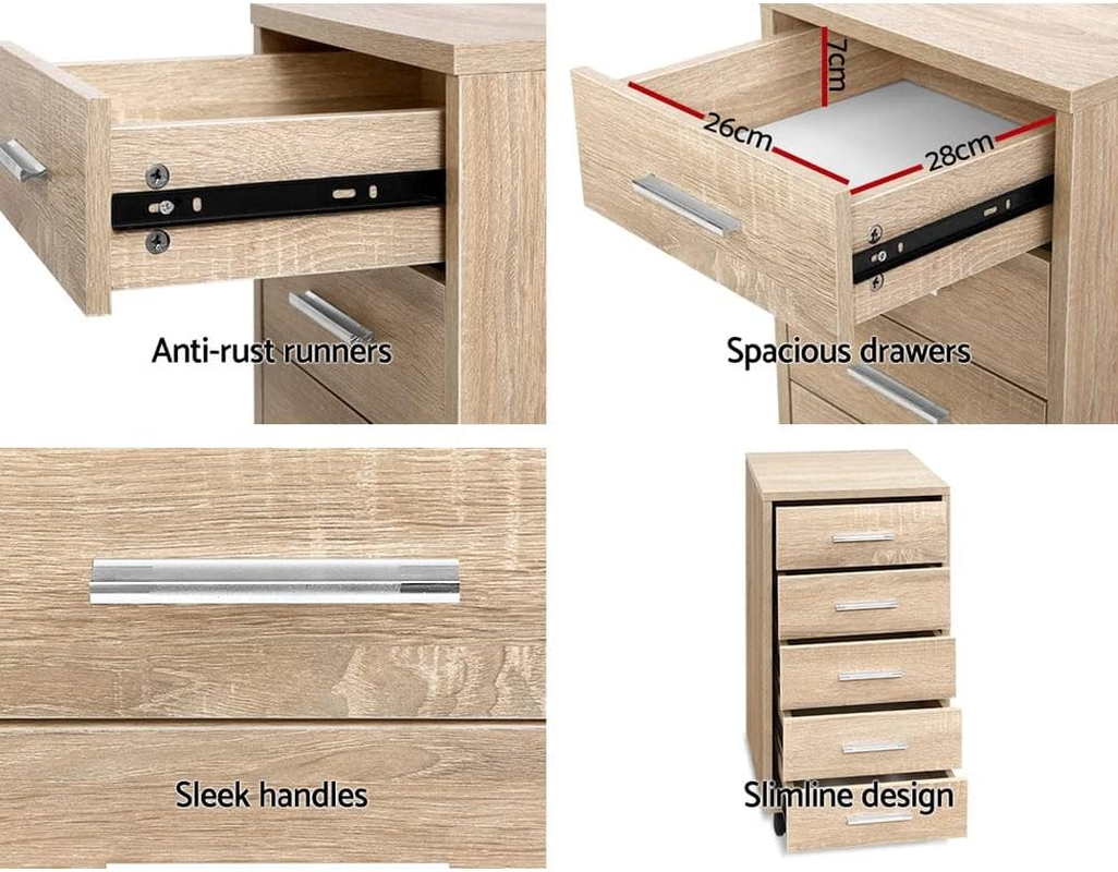 Artiss 5 Drawers Filing Cabinet, Chest of Drawer Desk File Storage Cabinets Wood Slim Locker Home Office Bedroom Furniture, with Metal Suspension Rails Anti-Scratch Beige