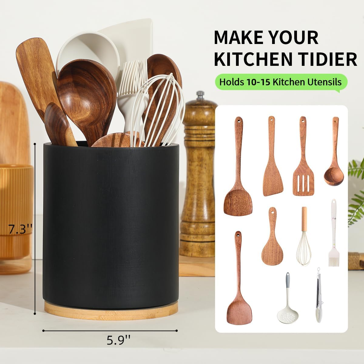 Wooden Utensil Holder, 360&deg;Rotating 7.3'' Large Kitchen Utensil Holder for Kitchen Counter, Kitchen Utensil Organizer, Utensil Crock, Farmhouse Kitchen Countertop Decor, Black Color image number 2