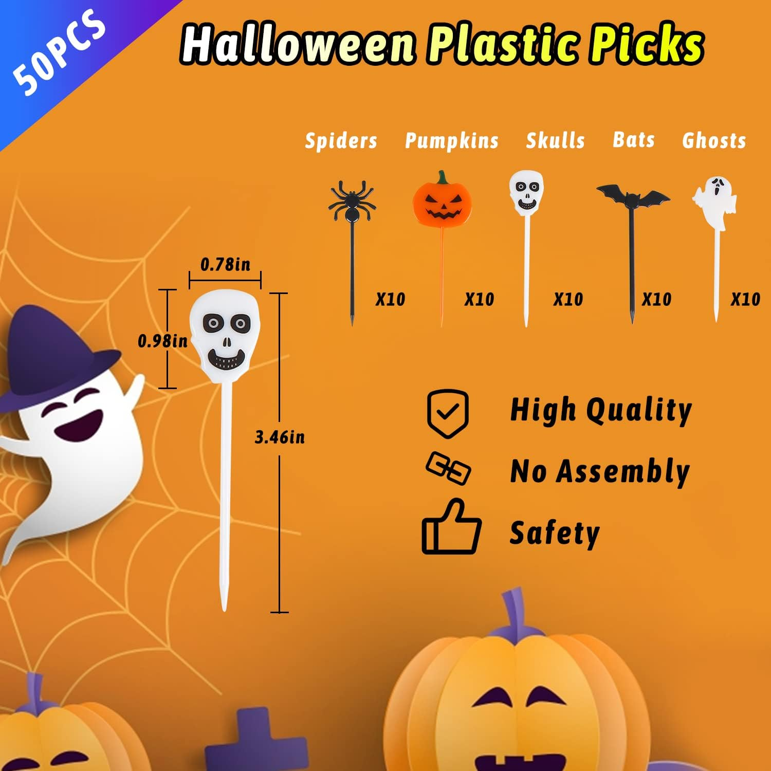 KIMOBER 50PCS Plastic Halloween Cupcake Toppers,Pumpkins,Ghosts,Spiders,Bats,Skeletons Food Picks for Halloween Decorations image number 3