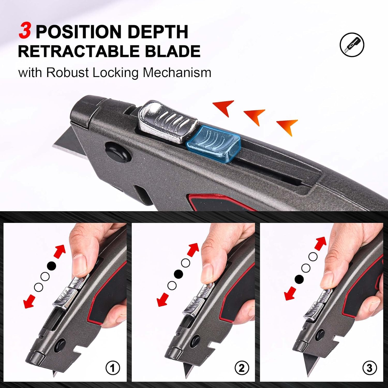 HAUTMEC Heavy-Duty Utility Knife, Safety Box Cutter with Auto-Retracting & 3-Position Locking Dual-System, Built-In Wire Stripper, Blade Storage and 3 Ultra-Sharp SK4 Blades &ndash; HT0311