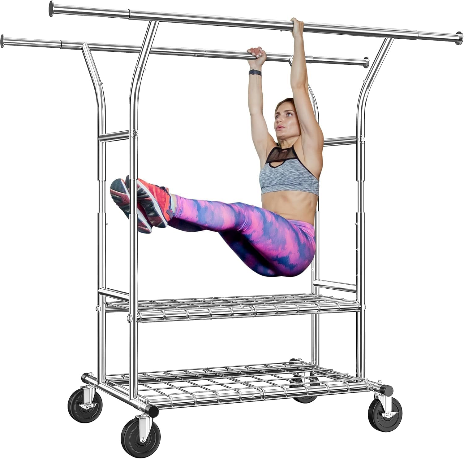 Heavy Duty Clothes Rack, Rolling Clothing Rack with Shelves Load 620 LBS, Double Rod Clothing Racks for Hanging Clothes, Portable& Adjustable (Y-Heavy Duty Clothes Rack) image number 3