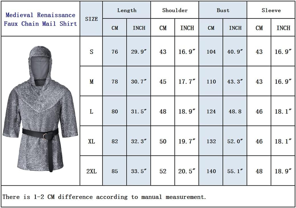 Renaissance Faux Chain Mail Armor Tunic Shirt Coif Medieval Knight Cowl Crusader Costume Outfit Bracers Waist Belt Set image number 2