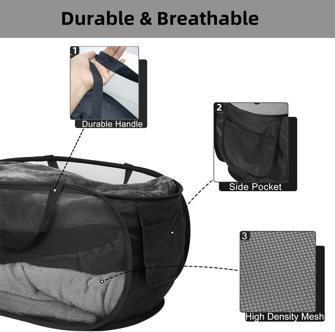 IREES Durable Collapsible Laundry Baskets, 2PCS Mesh Pop up Laundry Hamper,Lightweight Mesh Basket with Reinforced Carry Handles for Laundry, Dormitories, Families, Travel, and Camping (Black) - Blue image number 2