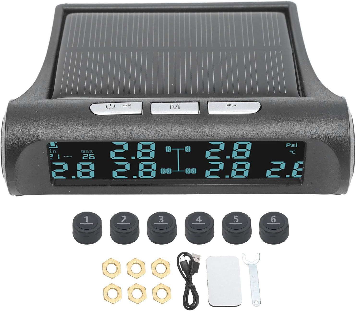 Tire Pressure Monitoring System, USB & Wireless Solar TPMS Tire Pressure Monitor System with 6 External Sensors, Real-Time Display Tire Pressure Temperature, 0-100PSI / 0-7Bar image number 6