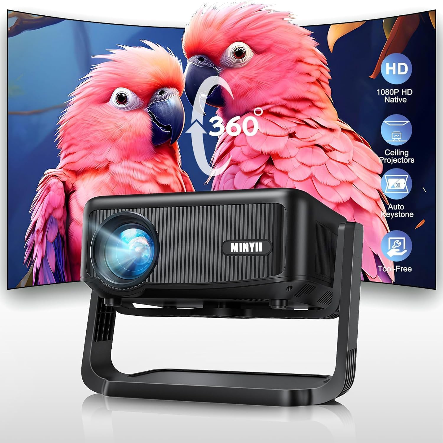 Mini Projector with Wifi and Bluetooth【Electric Focus/Auto Keystone】 Portable Bluetooth Projector, 1080P Support Movie - Auto Focus Rotatable Movie Phone Projector with 360&deg; Adjustable Stand (Black) image number 1