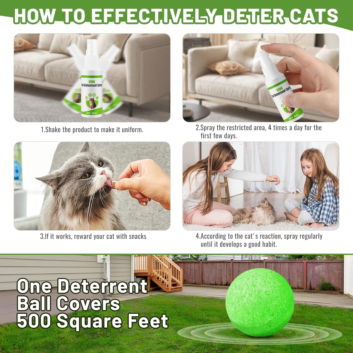 VIVK Cat Deterrent Spray with 6 Balls, Indoor Outdoor Natural Safe Cat Deterrent for Furniture Garden Carpet Yard Lawn, Training Aid Spray, Effective against Scratching & Chewing image number 1