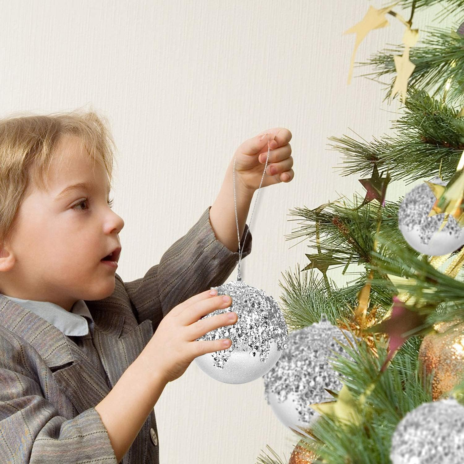 4" Christmas Ball Ornaments, 4Pc Set Silver Shatterproof Christmas Decorations Tree Balls for Xmas Trees Wedding Party Holiday Decorations - Champagne image number 2