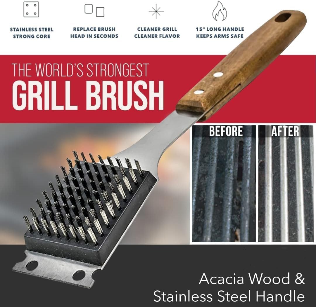 BBQ Grill Brush for Outdoor Grill, Scraper for Barbecue with Extended, Large Wooden Handle and Replaceable Stainless Steel Bristles Head No Scratch,Bbq Grill Brush for Any Grill image number 4