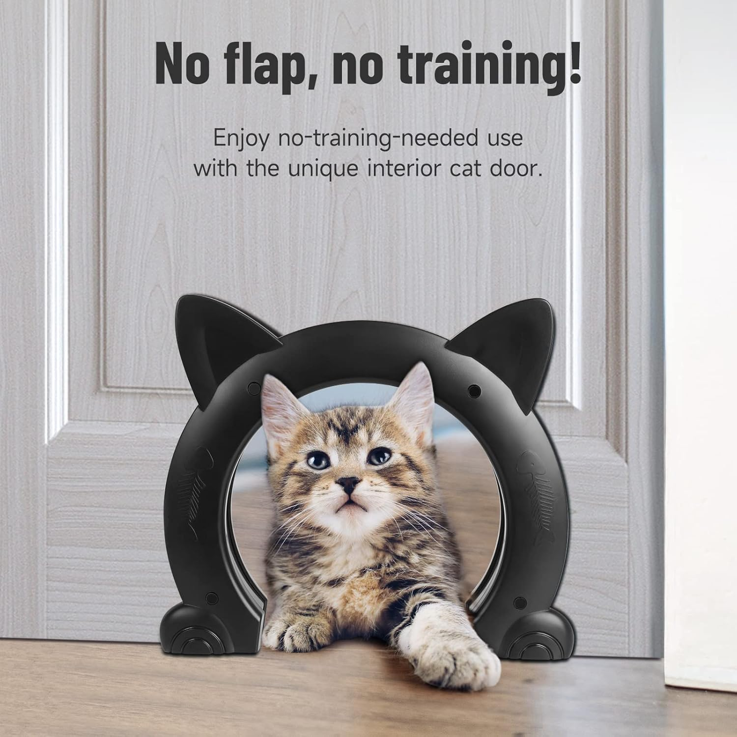 Cat Door Interior Door for Kitties, Pet Door for Hollow Door, Kitty Door, Indoor, Secured Installation in Minutes, No-Flap（Black） - Black image number 6